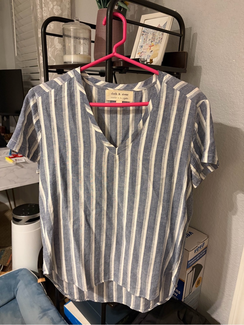 cloth & stone Navy and White Striped V‑Neck Short Sleeve Shirt